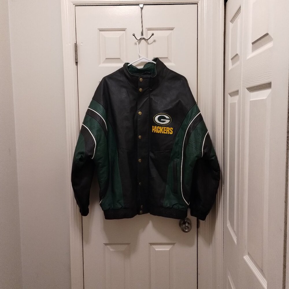 Men Vintage starter Green Bay Packers Leather Bomber Jacket L.